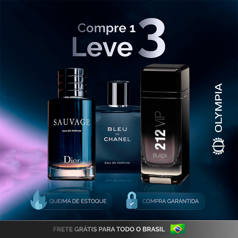 Kit 3 Perfumes Masculinos (100ml) - Sauvage | Bleu | 212 vip [QUEIMA DE ESTOQUE]